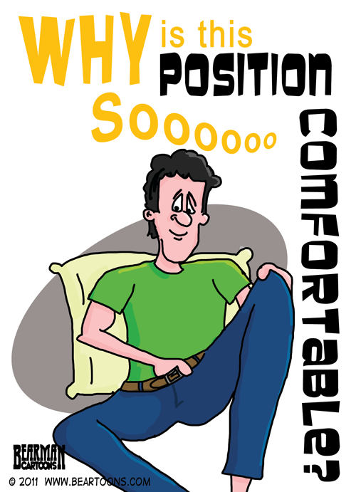It depicts a man sitting down with his hand down his pants and the words